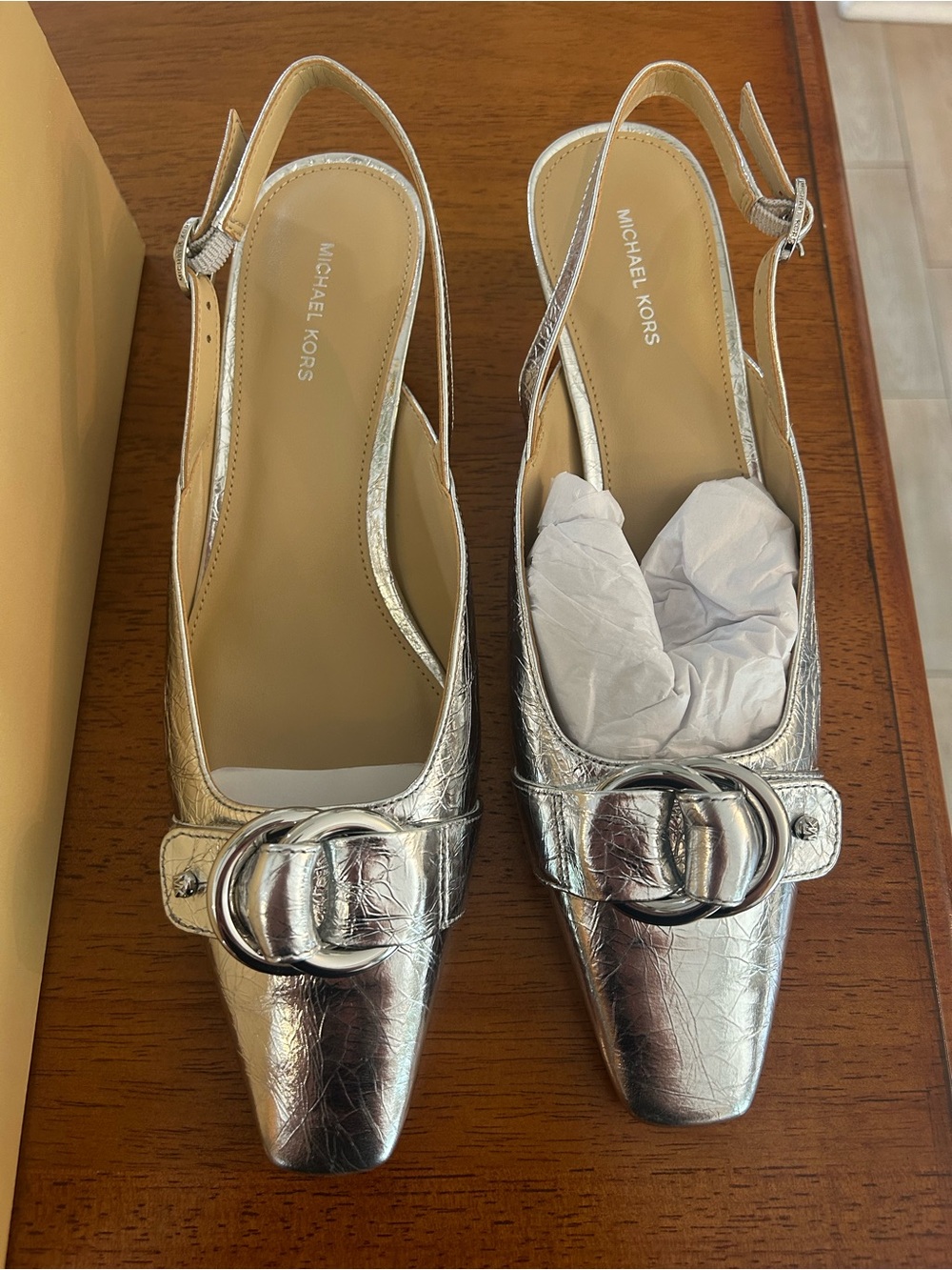 Michael Kors Silver Metallic Slingback Mules with Buckle
